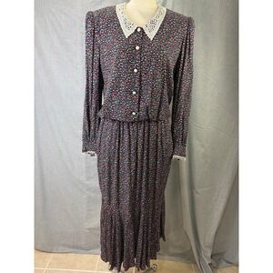 DAVID WARREN New York Women's Size 14 Black Floral Print Dress‎ with Lace Trim